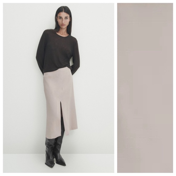 NWT. Massimo Dutti Cream Micro-Twill Fabric Midi Skirt with Slits. Size XL.